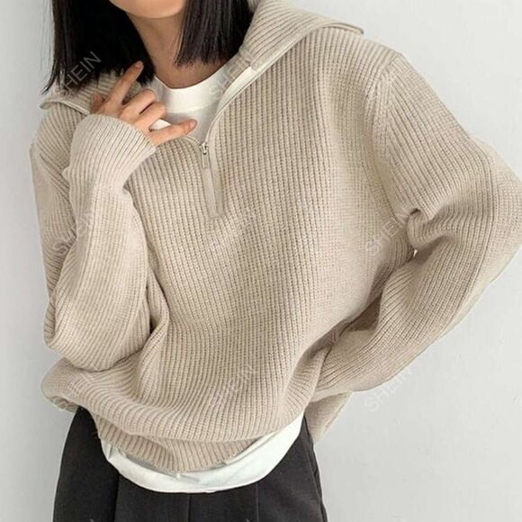 Shein Dazy Quarter Tan Cream Sweater V Neck Zip Drop Shoulder Size S - Picture 1 of 9